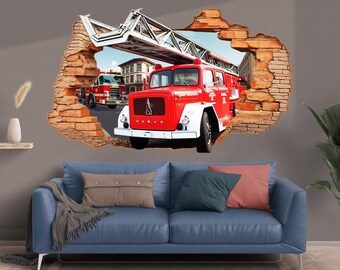 Calcomanía de pared 3D "Avance de camión de bomberos": Escena de rescate con nombre personalizado, despegable y adhesiva