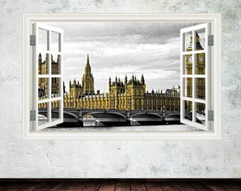 London Wall Mural, Big Ben Decal, London Parliament, Vinyl Wall Decals, Window Frame Decals, Famous Landmark Stickers, UK Wall Decal