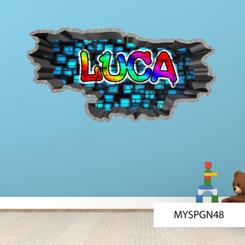 Personalized Customized Name Graffiti Wall Decals Stickers MYSPGN48 3D Brick Concrete Cracked Hole Printed Mural Colour Adhesive