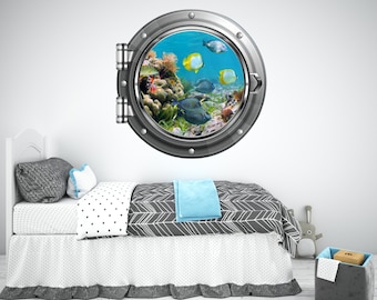 Coral Reef Fish Porthole Wall Decal: 3D Ocean Window Sticker
