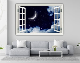 Night Sky Window Frame Wall Decal: Crescent Moon & Stars Mural