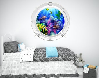 Tropical Reef Fish Porthole Wall Decal - Ocean Aquarium 3D Sticker - Underwater Kids Room Decor - Fish Art - Marine Themed Decoration