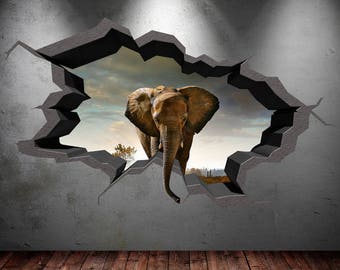 ELEPHANT WALL DECAL, Safari Kids Décor, Big Elephant Sticker, Hole In Wall Decal, 3D Safari Decal, Children Wall Mural