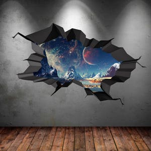 Earth & Moon Wall Decal, Space Decal, Galaxy Wall Art, Space Room Décor, 3d Wall Stickers, Vinyl Wall Mural