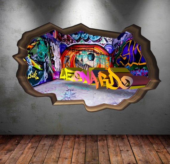 personalized name full color graffiti wall decals cracked 3d | etsy
