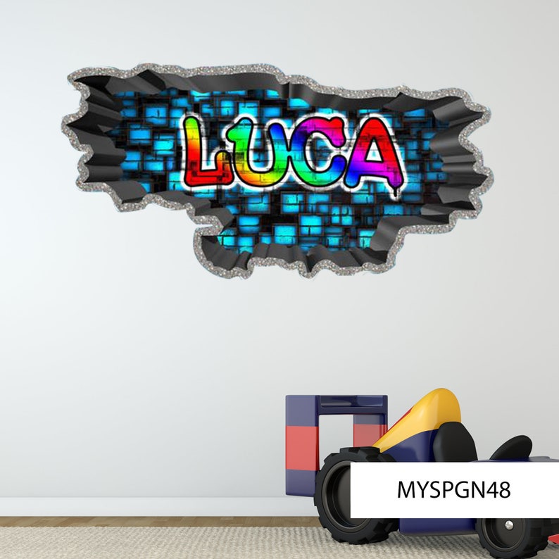 Personalized Customized Name Graffiti Wall Decals Stickers MYSPGN48 3D Brick Concrete Cracked Hole Printed Mural Colour Adhesive