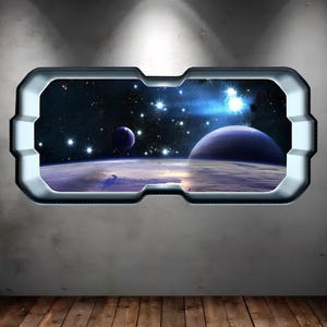 May include: A space-themed wall decal featuring a view of a planet with a ring system, a smaller planet, and a starry sky seen through a futuristic window frame.