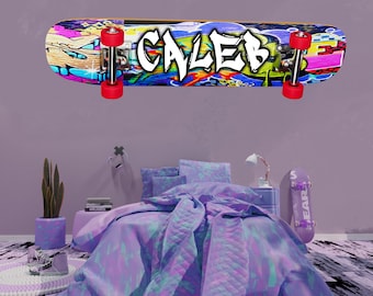 Calcomanía de pared personalizable con nombre de patineta: decoración colorida para habitación infantil