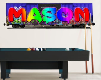 Calcomanía de pared con nombre de grafiti personalizado: vagón de tren, decoración para habitación infantil