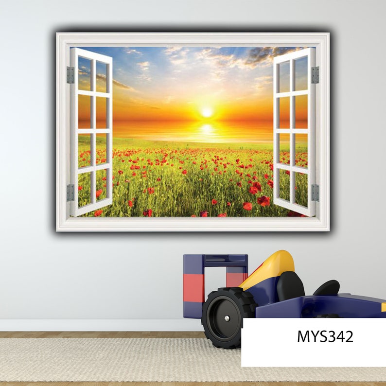 NATURE WINDOW DECAL, Wall Decal Mural, Field Wall Decal, Poppy Wall Decal, Nature Room Décor, Sunrise Wall Mural image 5