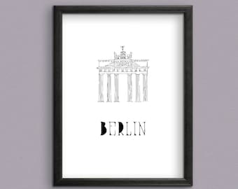 Puede incluir: Dibujo en blanco y negro de la Puerta de Brandeburgo en Berlín, Alemania. El texto "BERLIN" está debajo de la imagen.