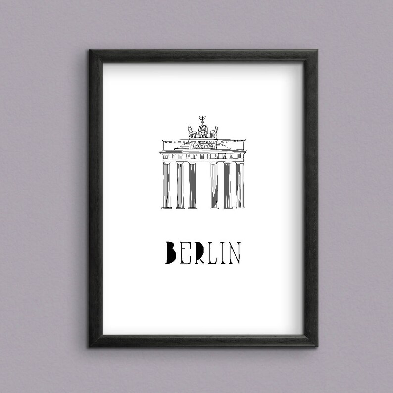 May include: Black and white line drawing of the Brandenburg Gate in Berlin, Germany. The text "BERLIN" is below the image.