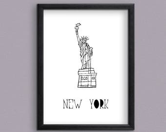 May include: Black and white line drawing of the Statue of Liberty with the text "NEW YORK" below it. The image is framed in a black frame.