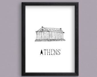May include: Black and white line drawing of a building with the word "ATHENS" underneath. The building is a simple representation of the Parthenon.