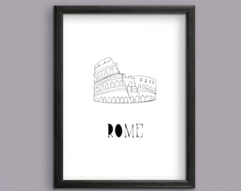 May include: Black and white line drawing of the Colosseum in Rome, Italy. The text "ROME" is below the image.