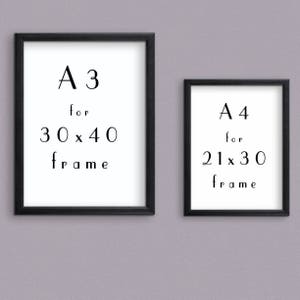 May include: Two black picture frames, one larger than the other, with white mats and text inside. The larger frame says "A3 for 30x40 frame" and the smaller frame says "A4 for 21x30 frame".
