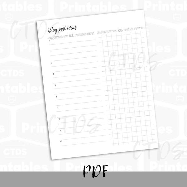 Blog post ideeën recto verso US letter-formaat en A4-blad instant download planner afdrukbare pagina