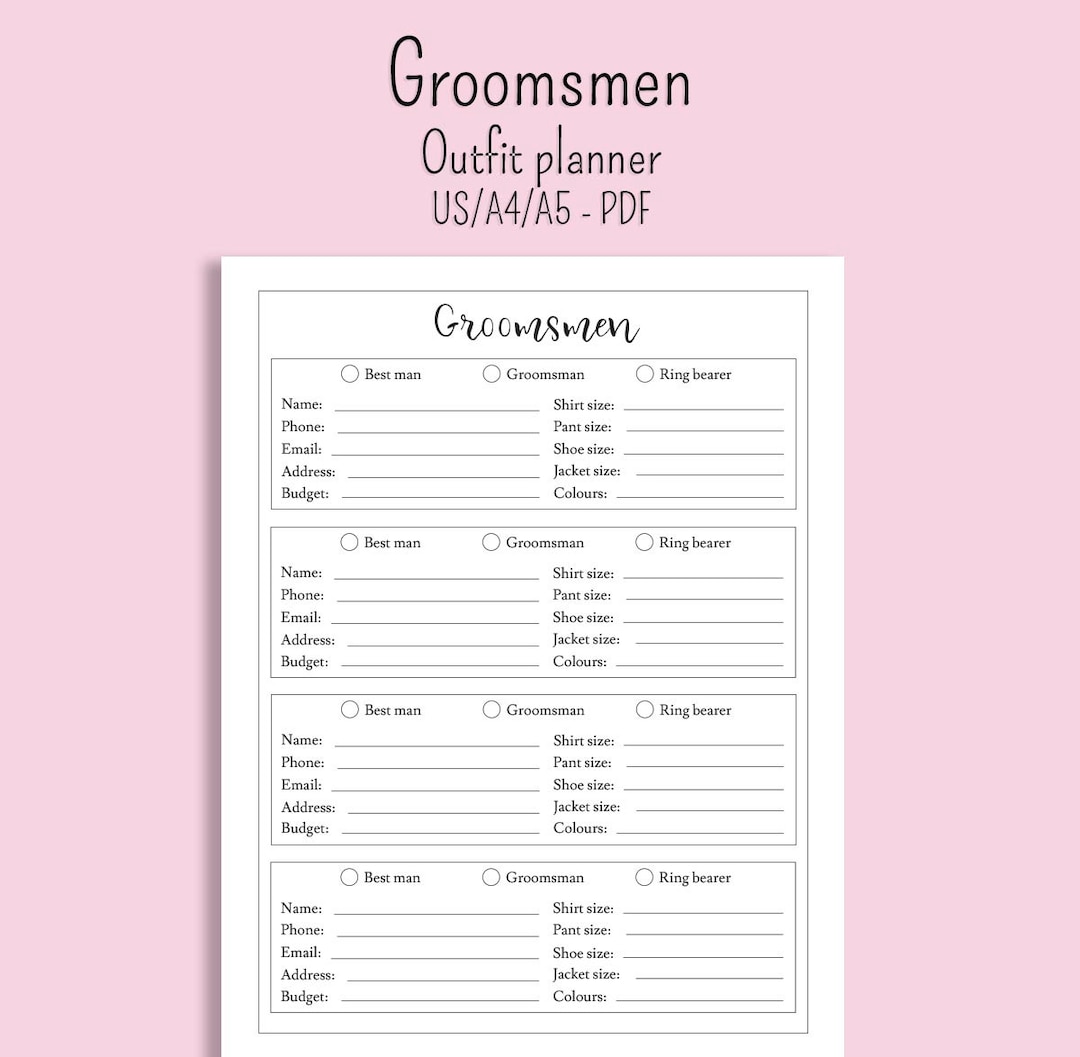 Groomsmen Outfit Planner Printable Sheets US Letter A4 A5 Size Instant ...