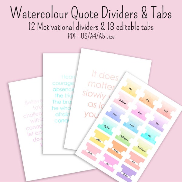 12 Watercolour motivational Dividers and editable tabs US letter and A4 and A5 size printable and digital pdf GoodNotes