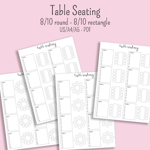 Table seating 8 person and 10 person round and rectangle table printable sheets US letter A4 A5 size instant download