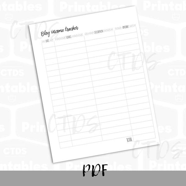 Blog inkomen tracker recto verso U.S. letter-formaat en A4-blad instant download planner afdrukbare pagina