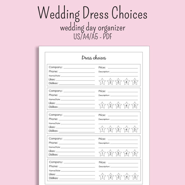 Wedding Day dress choices printable sheets US letter A4 A5 size instant download