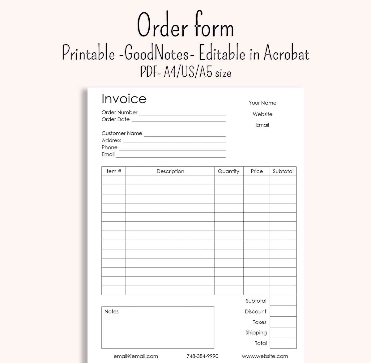 Order Forms invoice GoodNotes notability digibujo pdf A20 and A20 and US  letter Printable and digital editable in Adobe Acrobat Within Invoice Template Ipad