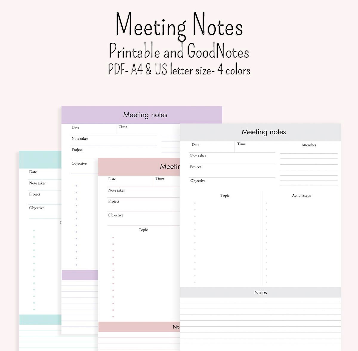 Meeting notes 4 colours US letter and A4 size printable and | Etsy