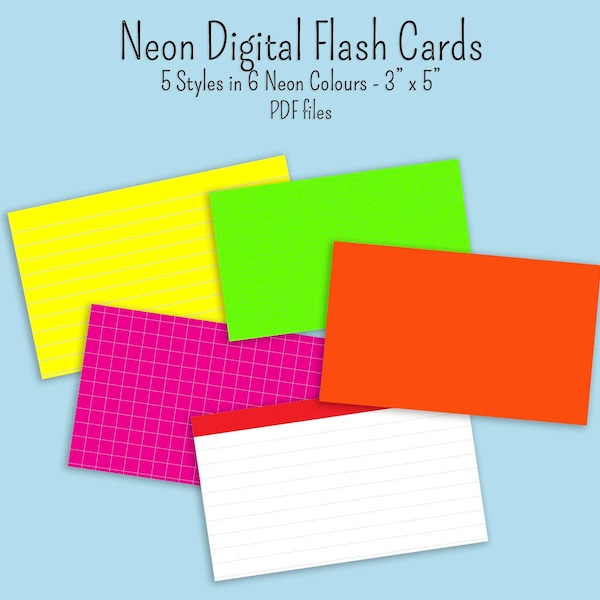 25 Neon Digital Flash Index cards 3 inch x 5 inch 5 styles in 5 colours pdf files GoodNotes notability digibujo