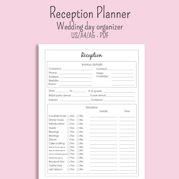 Wedding Day reception planner printable sheet US letter A4 A5 size instant download