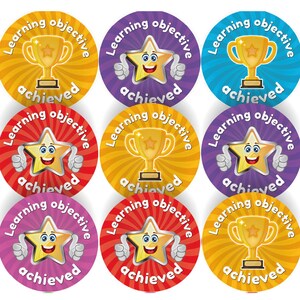 May include: Nine colourful round stickers with a star or trophy design. Each sticker says "Learning objective achieved" in a circular design.