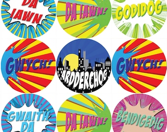 144 Superhero Comic Welsh Praise Words 30mm Reward Stickers for Teachers, Parents and Party Bags