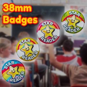 20 X Star Reader Badge 38mm (pack of 20 Pin Badges - 38mm) Teachers ...