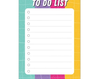 Könnte beinhalten: Ein farbenfroher To-Do-Listen-Notizblock im Retro-Design. Der Notizblock hat den Schriftzug "TO DO LIST" in weißen Großbuchstaben. Der Notizblock hat einen karierten Hintergrund und einen weißen Bereich zum Schreiben mit Kontrollkästchen.