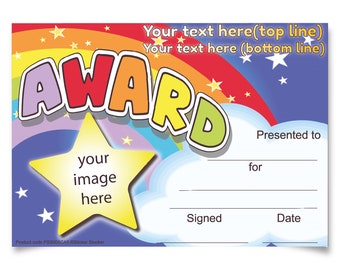 Könnte beinhalten: Eine farbenfrohe Auszeichnung mit einem Regenbogen und Sternen. Der Text "AWARD" ist in großen, bunten Buchstaben geschrieben. Es gibt Platz für ein Foto, einen Namen und einen Grund für die Auszeichnung. Der Text "Überreicht an" und "für" ist enthalten. Es gibt auch Platz für eine Unterschrift und ein Datum.