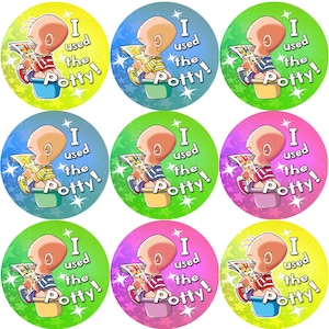 May include: Nine colourful round stickers with a cartoon illustration of a child sitting on a potty. Each sticker has the text "I used the Potty!" in white letters.