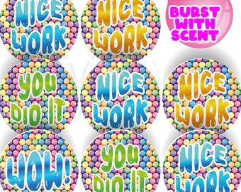 120 Bubblegum Praise Words 30mm Scented Reward Stickers for Teachers, Parents and Party Bags