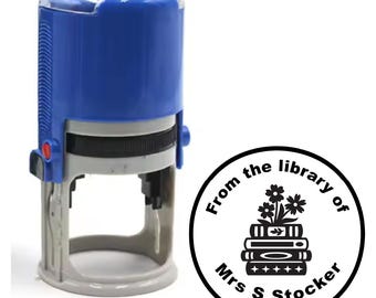 Personalised Stamp Library Book Stacks 30mm Self inking stamper for School Teachers, Parents and Nursery - From The Library of... Stamps