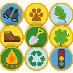 May include: Nine colourful round badges with yellow borders. Each badge features a different icon: binoculars, paw print, leaf, hiking boot, shovel, four-leaf clover, campfire, recycling symbol, and traffic light.