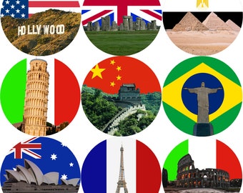 Può includere: Nove immagini circolari raffiguranti famosi monumenti e bandiere di tutto il mondo. Le immagini includono la scritta Hollywood, Stonehenge, le piramidi, la Torre Pendente di Pisa, la Grande Muraglia cinese, il Cristo Redentore, l'Opera di Sydney, la Torre Eiffel e il Colosseo.