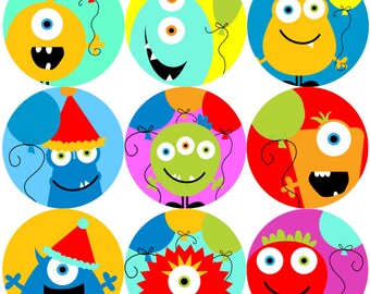 Könnte beinhalten: Neun bunte runde Aufkleber mit Cartoon-Monstern mit einem oder mehreren Augen, die lächeln und Ballons halten. Die Monster sind blau, grün, rot, gelb und orange.