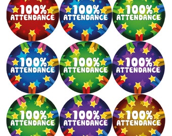 144 Perfect 100% Attendance - 30mm Glossy Reward Stickers for Teachers & Parents