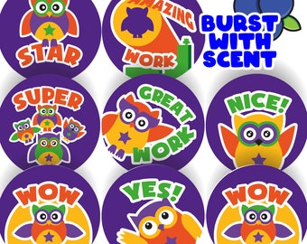 120 Mixed Berry Super Owl 30mm Scented Reward Stickers for Teachers, Parents and Party Bags