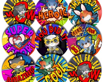 144 Animal Hero Comic Praise Words 30mm Stickers Glossy Reward Stickers