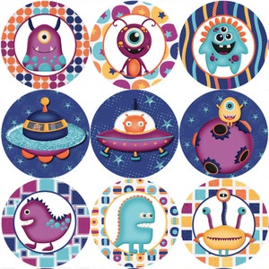 May include: Nine colourful round stickers featuring cartoon space-themed characters. The stickers feature aliens, spaceships, and planets with a variety of colours and patterns.