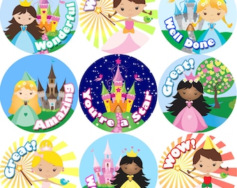 Könnte beinhalten: Satz mit 9 Prinzessinnen-Motiv-Belohnungsaufklebern mit bunten Hintergründen und verschiedenen Sätzen, darunter "You're a Star", "Well Done", "Amazing", "Wonderful" und "Great!"