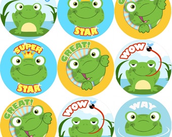 Può includere: Nove adesivi di rana colorati con diverse frasi, tra cui "Ben fatto", "Super Star", "Fantastico!" e "Wow!"