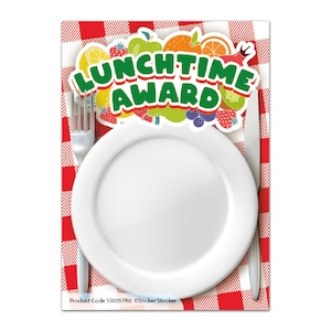 May include: A red and white checked tablecloth with a white plate, fork and knife. A sticker with the text "Lunchtime Award" surrounded by colourful fruit illustrations is on top of the plate.