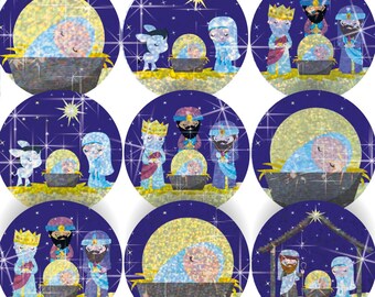 96 Sparkle Nativity Stickers 30mm + 60 Free Sparkle Smiles Reward Stickers for Teachers, Parents and Schools Glitter Holographic Christmas