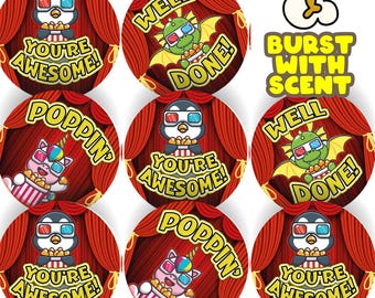 120 Popcorn Cinema Praise Words 30mm Popcorn Scented Reward Stickers for Teachers, Parents and Party Bags